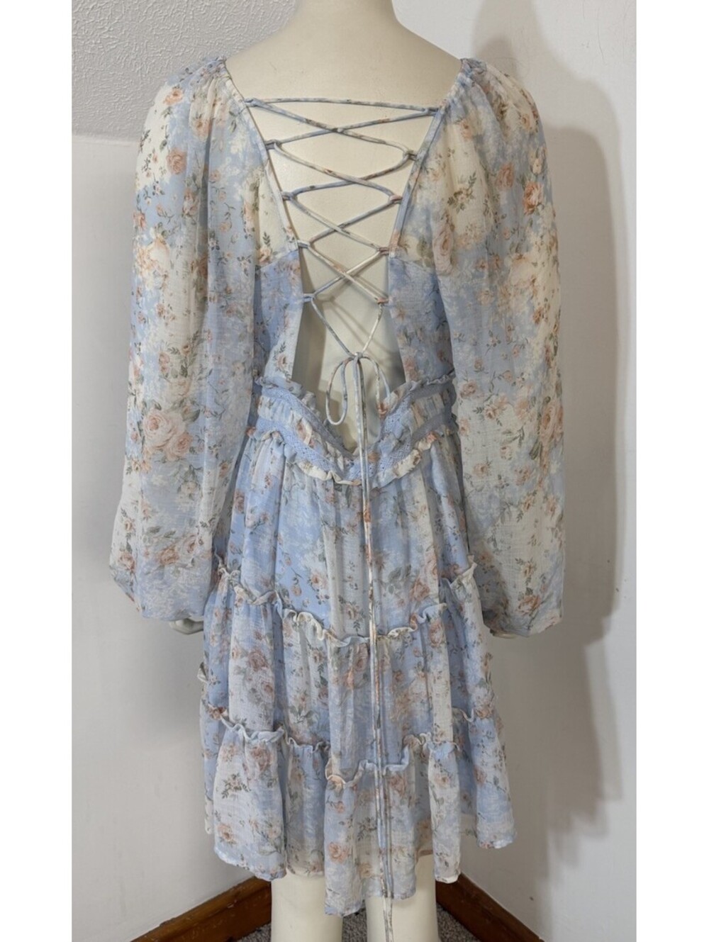 Altard State Womens XL Longsleeved Dress Lt Blue Floral Ruffles Romantic Tiered - Picture 4 of 8